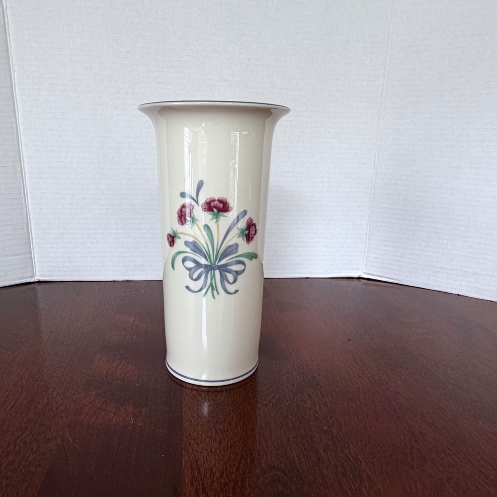 Lenox Poppies on Blue Vase 8 Inch Ivory China Floral Ribbon Bow Excellent